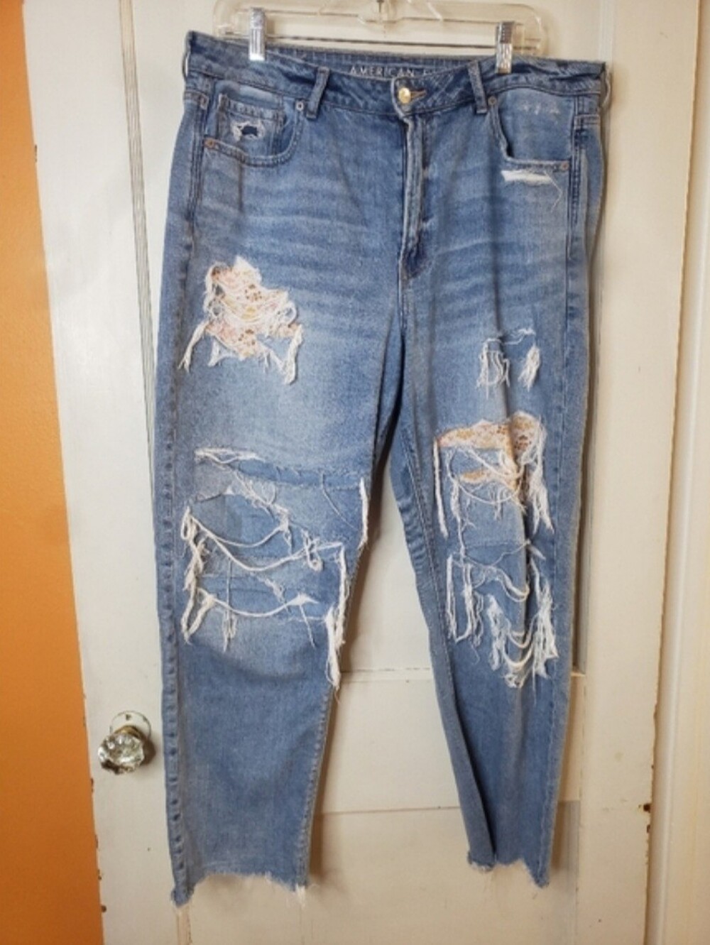 American Eagle Outfitters Mom Straight Jean Distressed and Floral Patch Jeans 16
